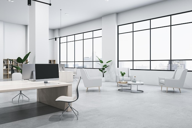 Contemporary white loft coworking office interior with panoramic windows furniture equipment and no people 3D Rendering