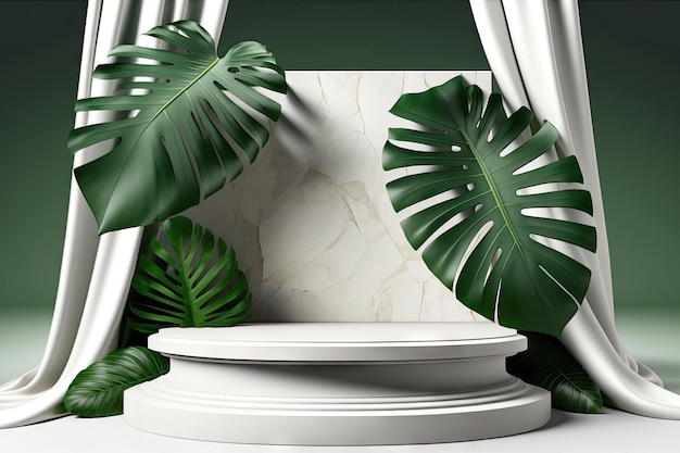 Contemporary White Podium Stage Shelf with Rock Green leaves ai generative