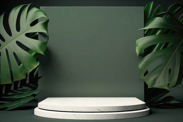 Contemporary white podium stage with tropical leaves on green background Generation AI