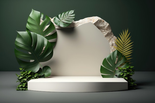 Contemporary white podium stage with tropical leaves on green background Generation AI