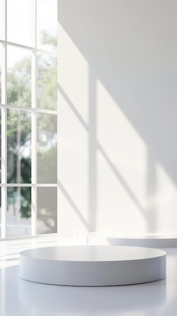 Contemporary white podium with a minimalist design set in a bright space with large windows and soft