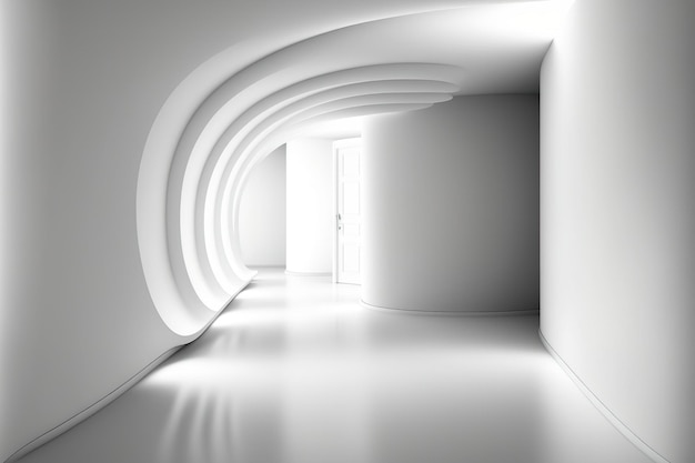 A contemporary white room interior with curved walls a glossy floor