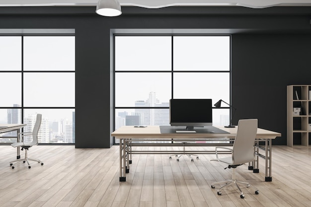 Contemporary wooden and concrete coworking office interior with furniture bookcase window with city view 3D Rendering