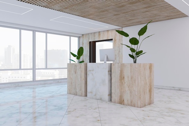 Contemporary wooden and concrete office lobby interior with window and city view Waiting area and hotel concept 3D Rendering