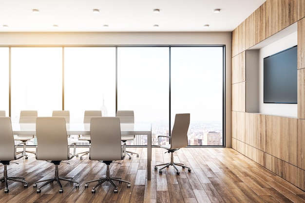 Contemporary wooden meeting room with TV