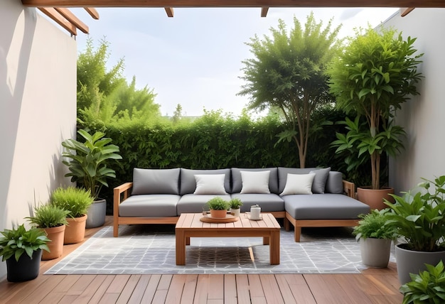 Contemporary wooden outdoor patio furniture with white cushions set against a lush garden backdrop