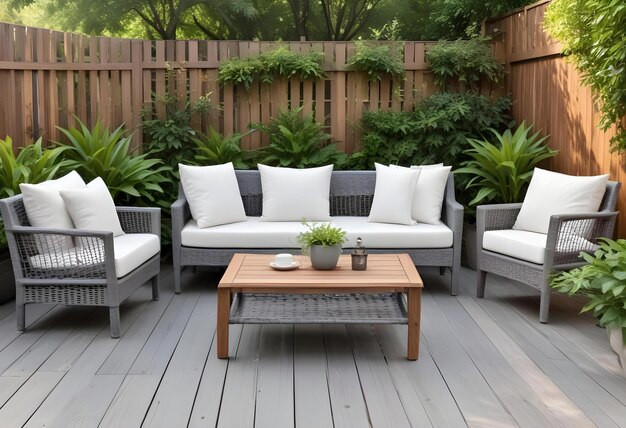 Contemporary wooden outdoor patio furniture with white cushions set against a lush garden backdrop