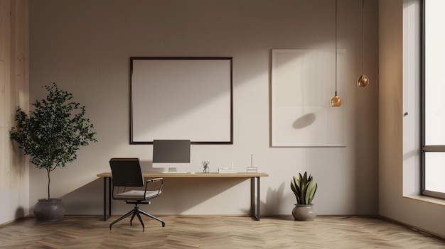 Contemporary Workplace Interior MockUp with Empty Wall Frame and Minimalistic Design Elements