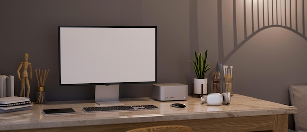 Contemporary workspace interior with computer white screen mockup and accessories on marble table