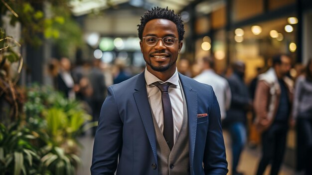 A contemporarydressed African American businessman in a busy bright office setting standing with arms crossed happy successful and confidentxA