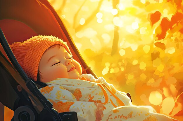 Photo content baby girl of asian descent napping peacefully in a stroller under a golden autumn sun