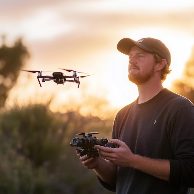 A content creator using a drone to capture aerial footage for their project