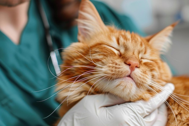 Content ginger cat in veterinarians embrace