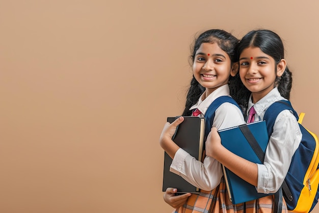 Content Indian schoolgirls in modern and rural areas pose with books and bags in school uniform agai