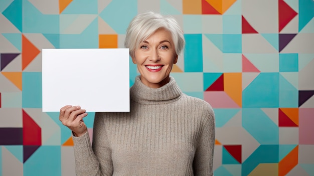 A content middle aged woman in her 50s posing with an empty white sign wearing a comfortable sweater in front of a geometric background for portrait photography