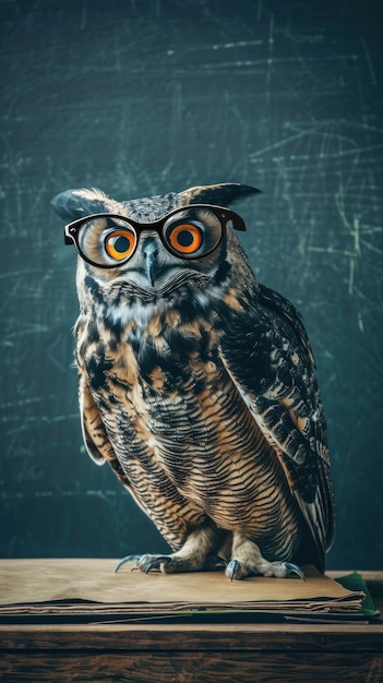 Content owl wearing glasses teaching at a chalkboard night school vibe