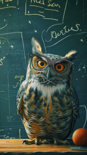 Content owl wearing glasses teaching at a chalkboard night school vibe