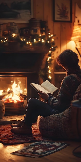 Photo content person reading a book by a cozy fireplace