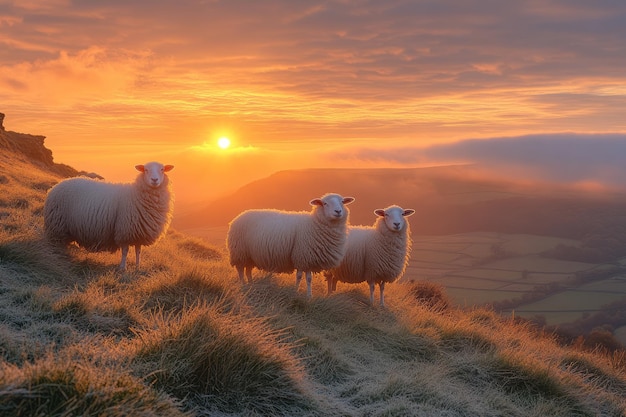 Photo content sheep grazing on a hillside with a beautiful sunrise in the background