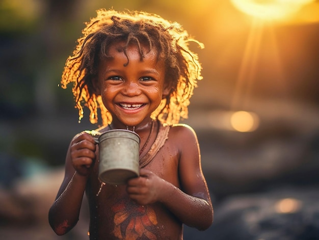 Contented african child with cup of water