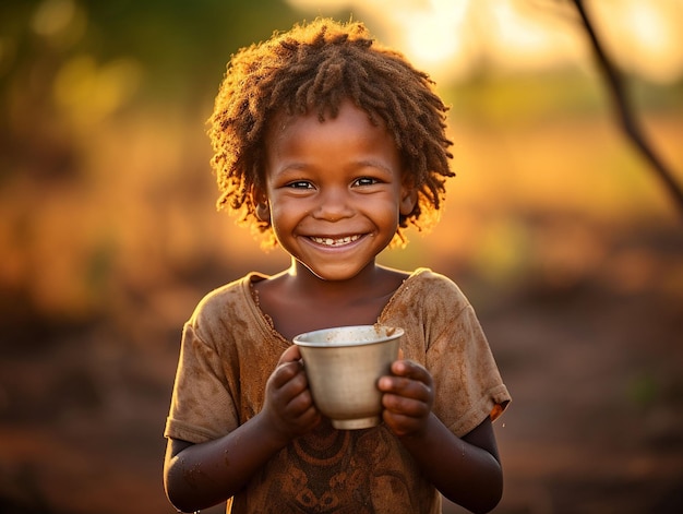 Contented african child with cup of water