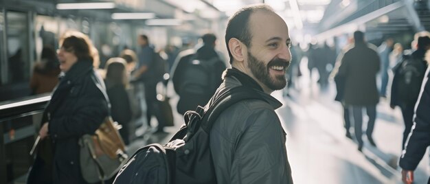 Photo a contented commuter with a backpack amidst the morning rush in a bustling train station capturing the spirit of daily urban life