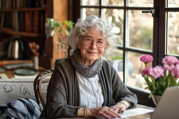 Contented elder woman enjoying tech devices