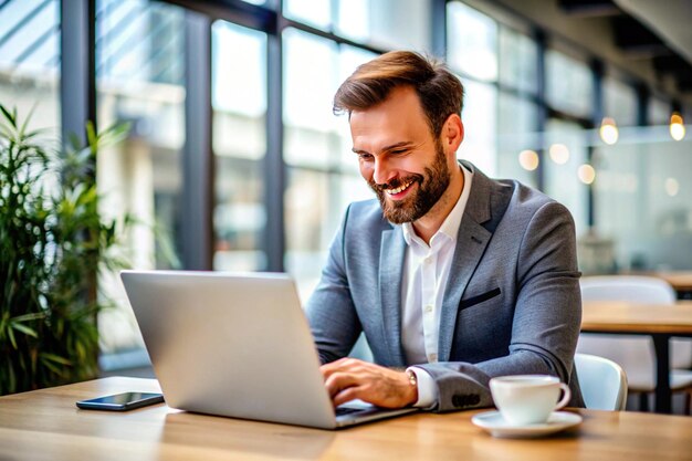 Photo a contented employee at the office using his laptop