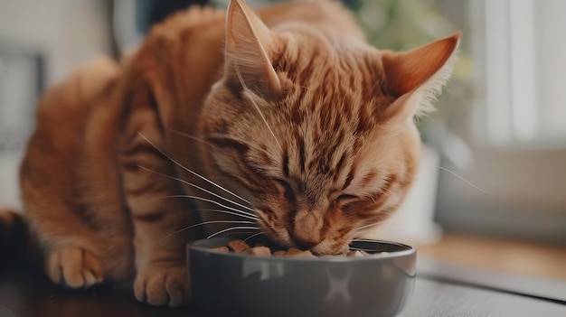 Contented Feline Savoring Delightful Meal in Cozy Home Setting