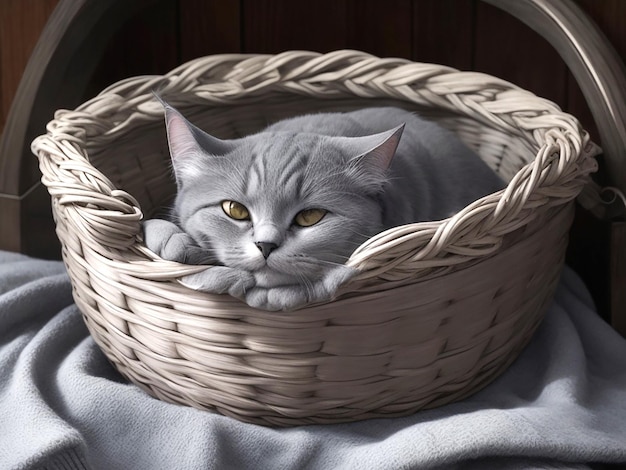 A contented gray cat curled up in a cozy basket its whiskers twitching as it dreams