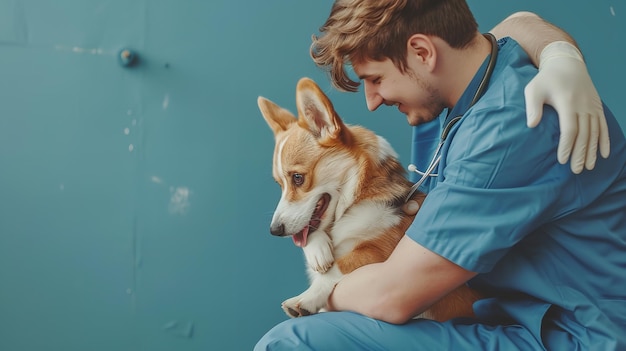 Photo contented man veterinarian in blue uniform cuddling generative ai