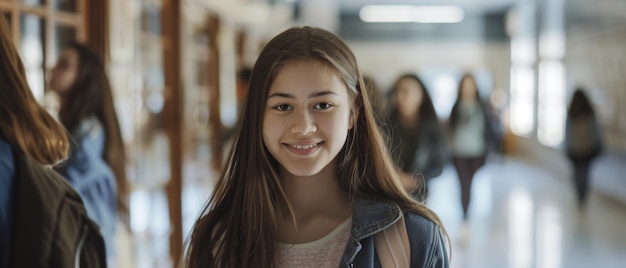 Contented teen walking in a high school hallway