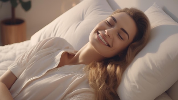 Contented Young Woman Smiles in Bed Relishing the Comfort of Her Mattress and Pillow for a Relaxing MomentxA