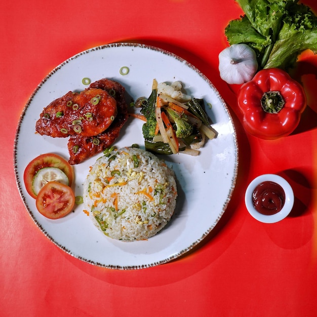 Continental Fried Rice with salad and dip served in dish top view of fastfood