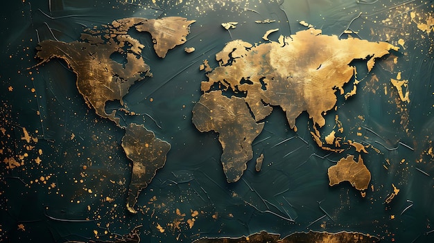 Continents of the world are painted in gold on a dark green background