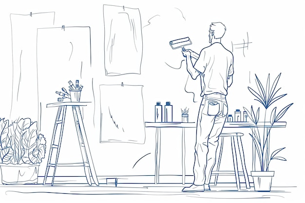 Photo a continuous line drawing depicts a painter decorator repairman using a paint roller to paint a wall in a home renovation project generative ai