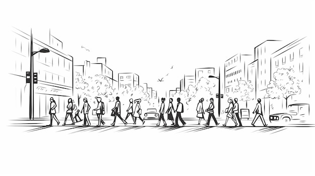 continuous line drawing employees crossing the pedestrian crossing