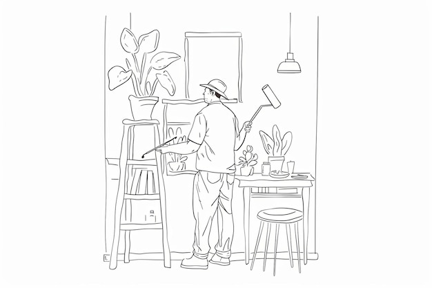 A continuous line drawing of a painter decorating a room interior holding a paint roller and standing on a ladder Generative AI