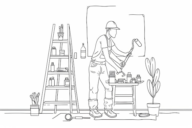 Photo a continuous line drawing of a painter decorator repairman painting an interior wall with a paint roller generative ai