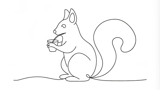 Photo continuous line drawing of a squirrel eating nut