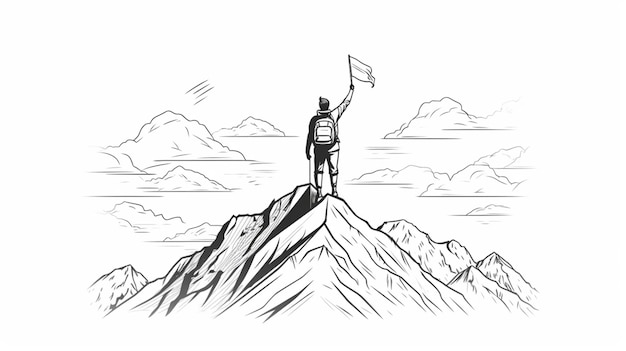 Continuous line drawing of winner man on mountain peak