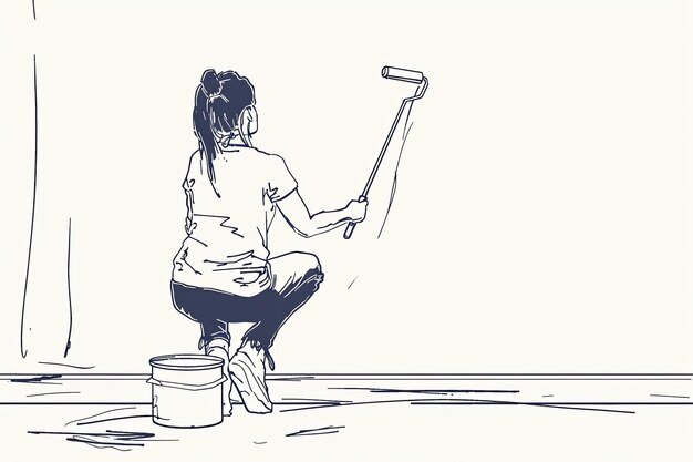 Photo a continuous line drawing of a woman painting a wall with a roller the illustration depicts a professional painter at work showcasing the process of home repair and renovation generative ai