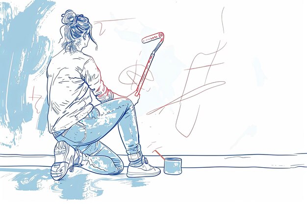 Photo a continuous line drawing of a woman painting a wall with a roller this illustration depicts home repair and renovation showcasing a female professional painter at work generative ai