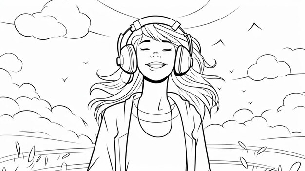 continuous single drawing line art listening to music with wired headphones