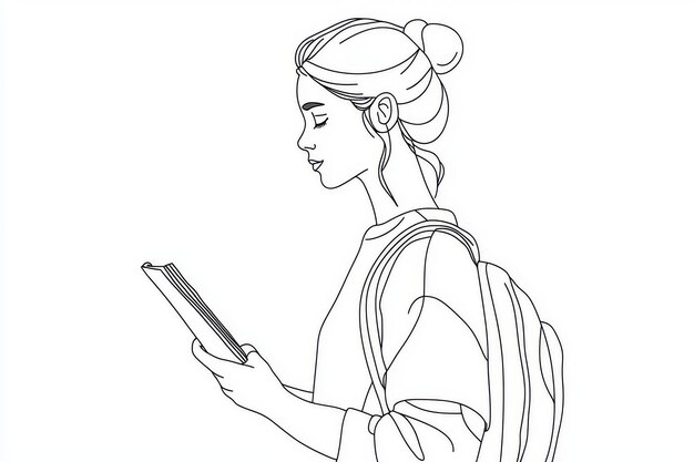 Photo a continuous single line drawing of a woman on a campus with a bag backpack and books illustration of a modern student