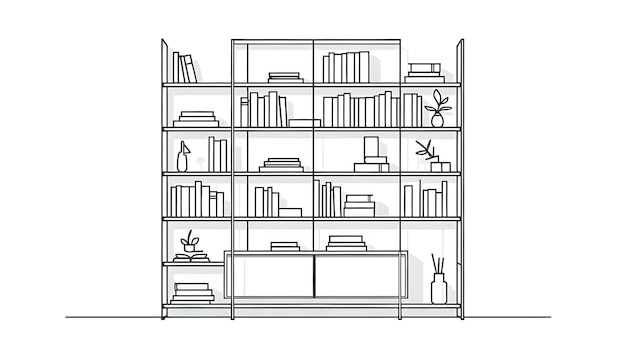 Photo continuous single line drawing of wooden bookshelf home decor and items art vector illustration