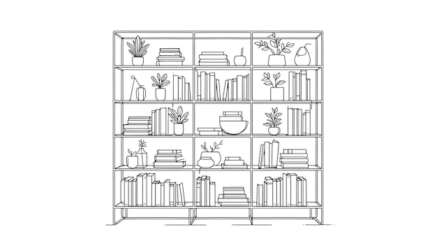 Photo continuous single line drawing of wooden bookshelf home decor and items art vector illustration