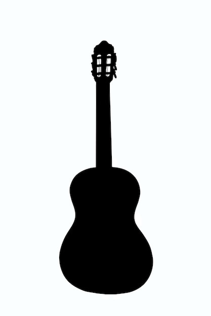 Contour illustration of an acoustic guitar stands upright on a white clipping background