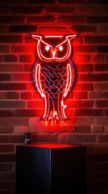 a contour in neon lamp of an owl in a red brick bar