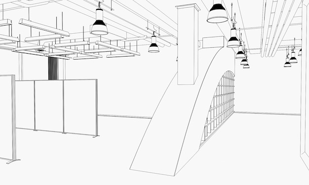 contour visualization of a large empty interior sketch outline cg render